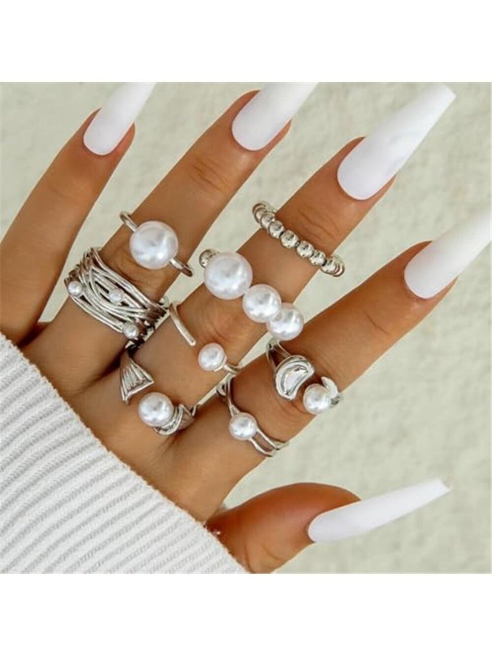 Stackable Silver Pearl Rings Set